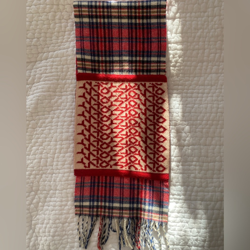 DKNY wool scarf, a twist on a classic red plaid.